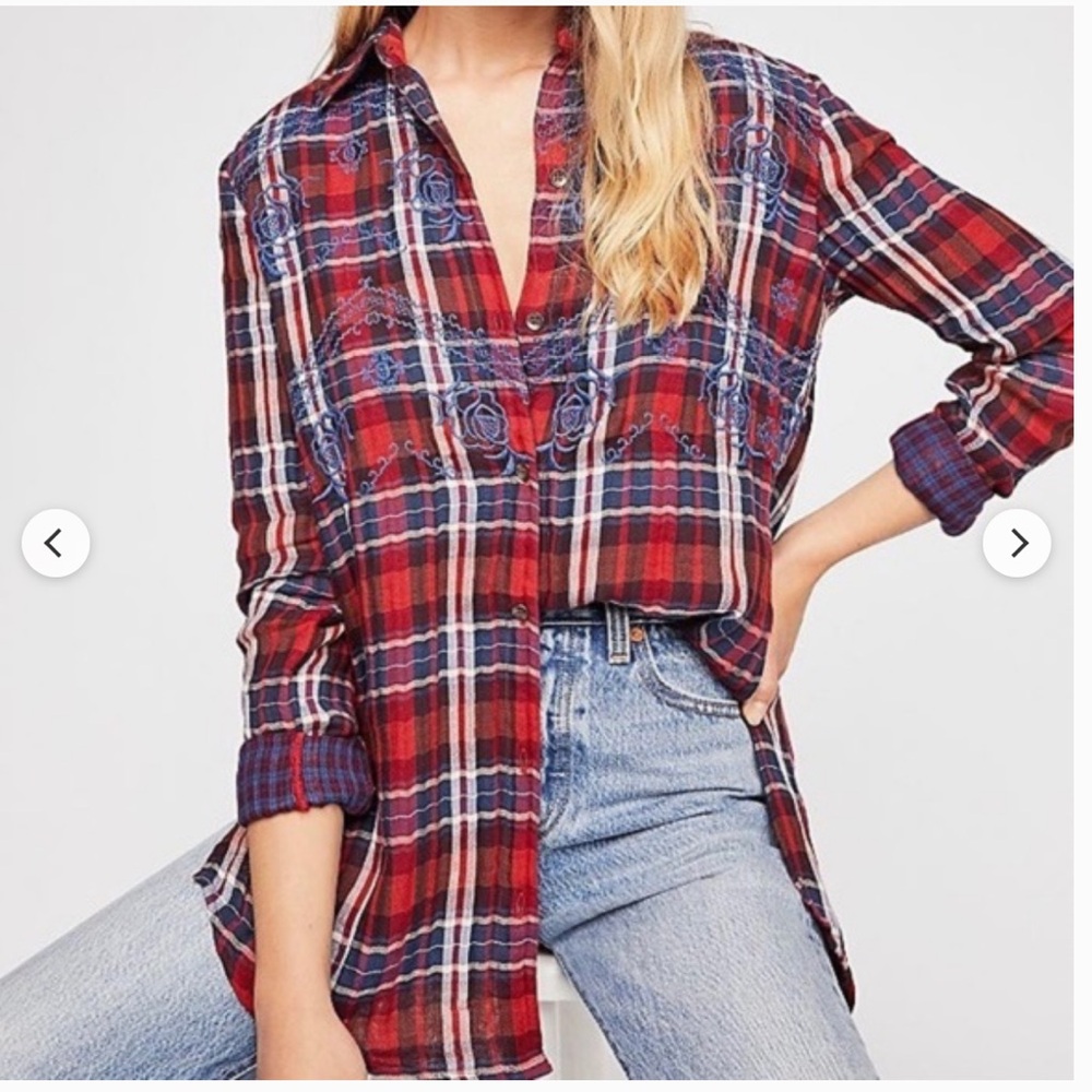 Free People Magical Plaid Embroidered Shirt Red Blue Button Up Top W2291 Sz M